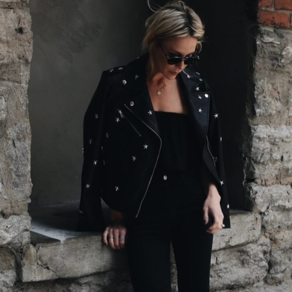 Womens Sunset + Spring Black Star Studded Faux Leather Jacket M *